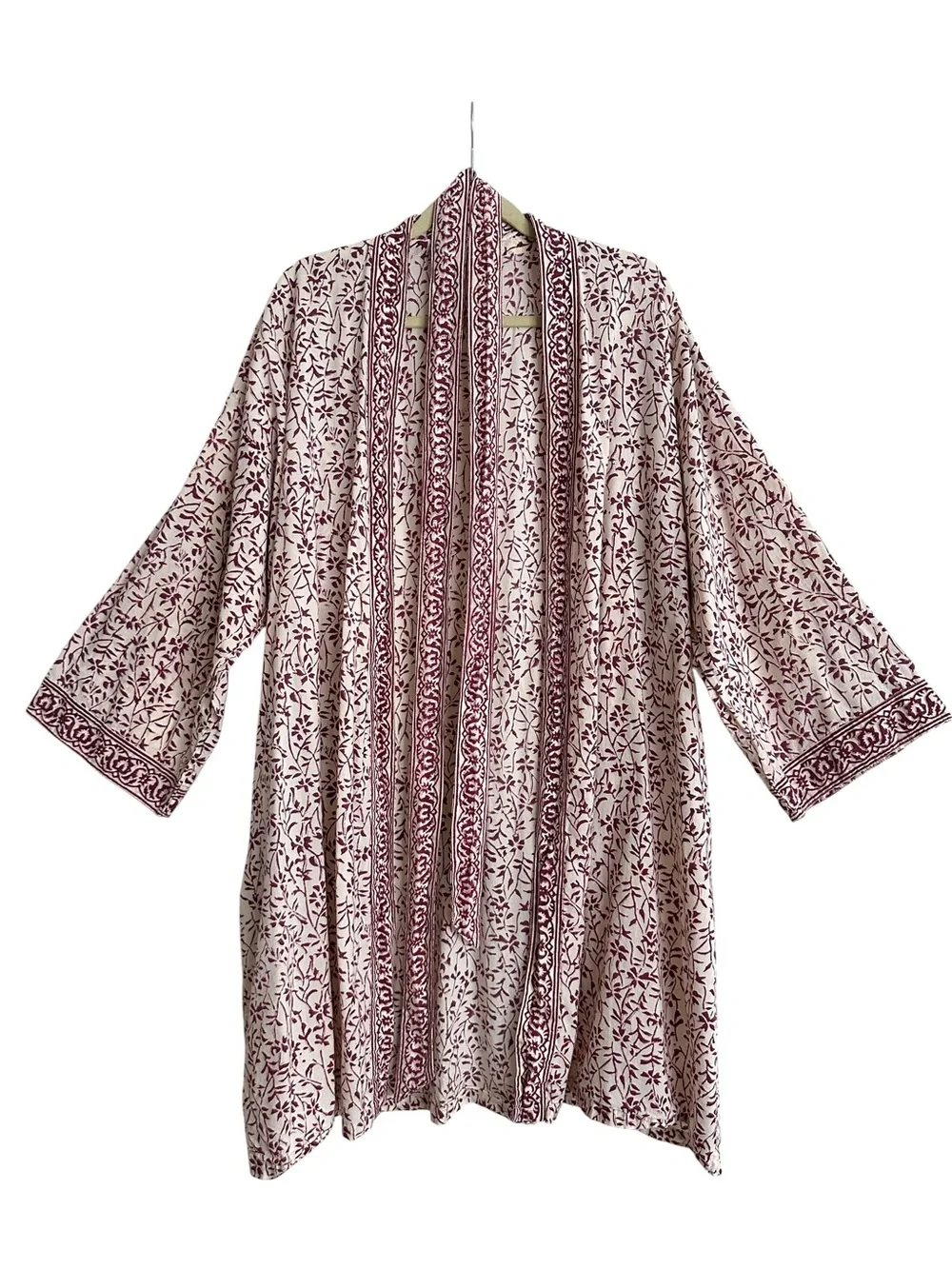 ANOKHI Cotton Block Print Kimono Robe Free Size Boho Burgundy Floral Loungewear